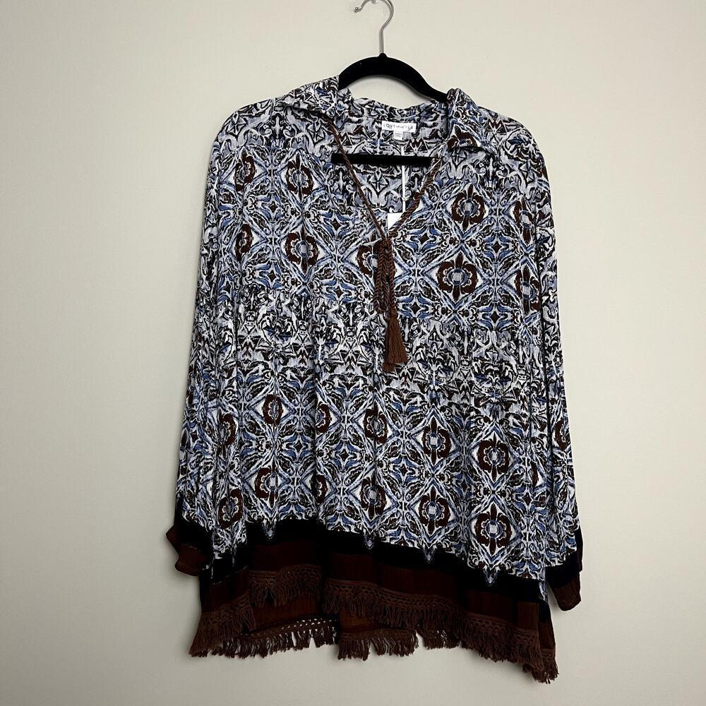 NWT Love Kyla Ayala Blue Paisley Fringe‎ Boho Western Pullover Blouse Sz S